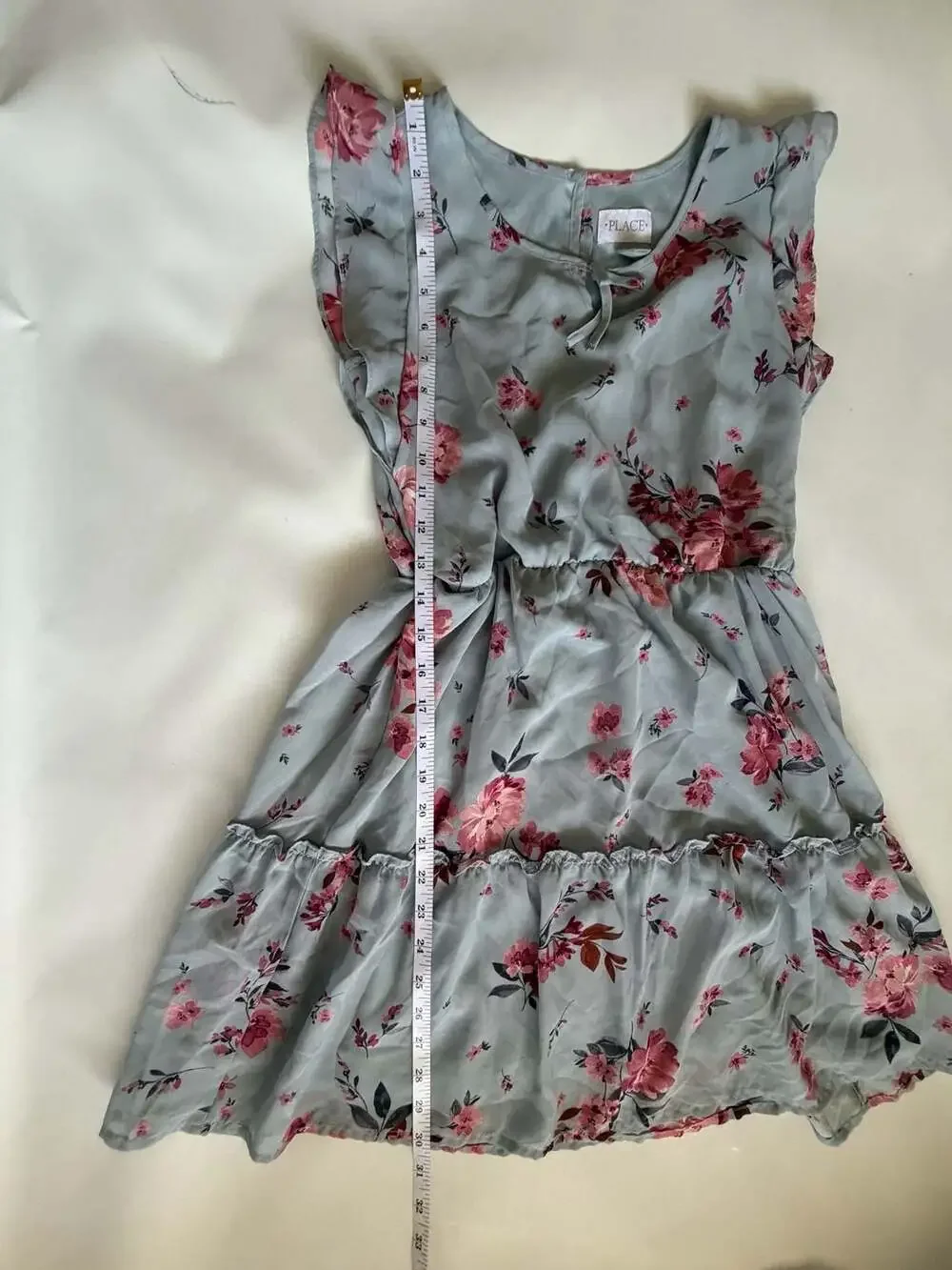 The Children's Place Dress 10/12 L Gray Blue PinkFloral Tiered Ruffle Sleeveless